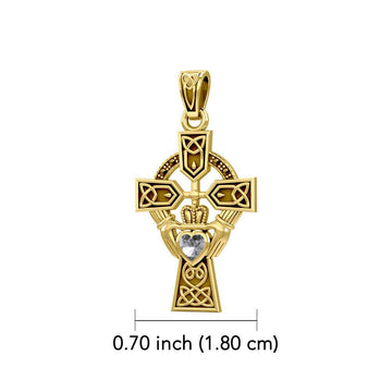 Celtic Cross and Irish Claddagh 14K Yellow Gold Pendant with Heart Gemstone GPD5340 - Jewelry